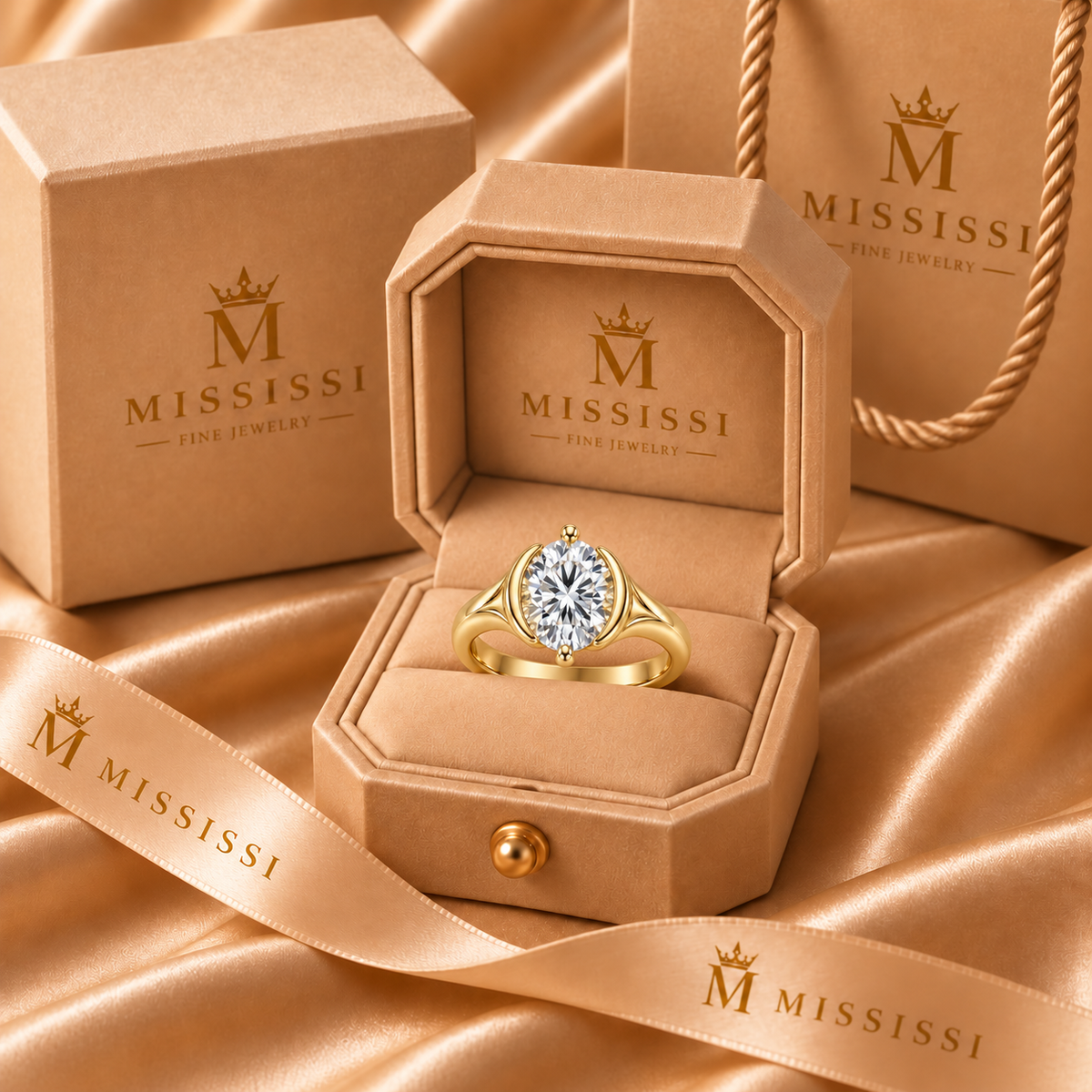 Oval Cove oval lab-grown diamond ring, champagne MISSISSI packaging design visualization