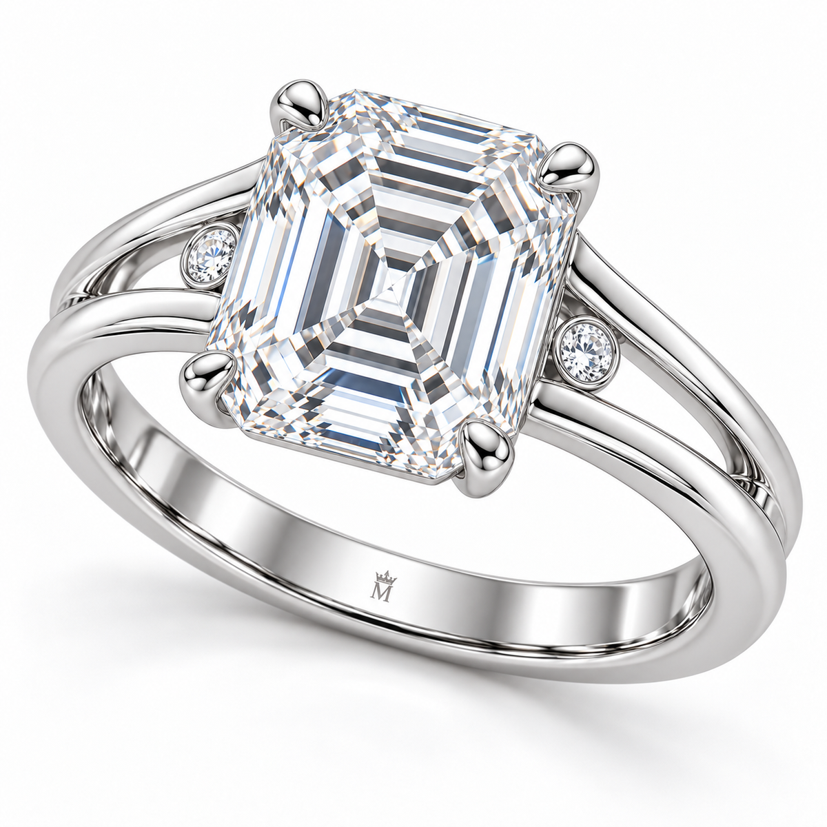Twin Rail emerald lab-grown diamond ring, elevated three-quarter design visualization