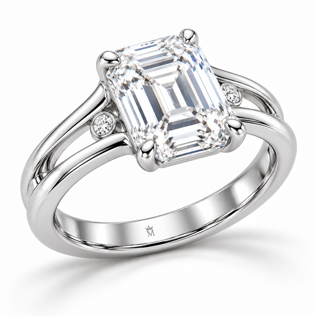 Twin Rail emerald lab-grown diamond ring, structural angle design visualization