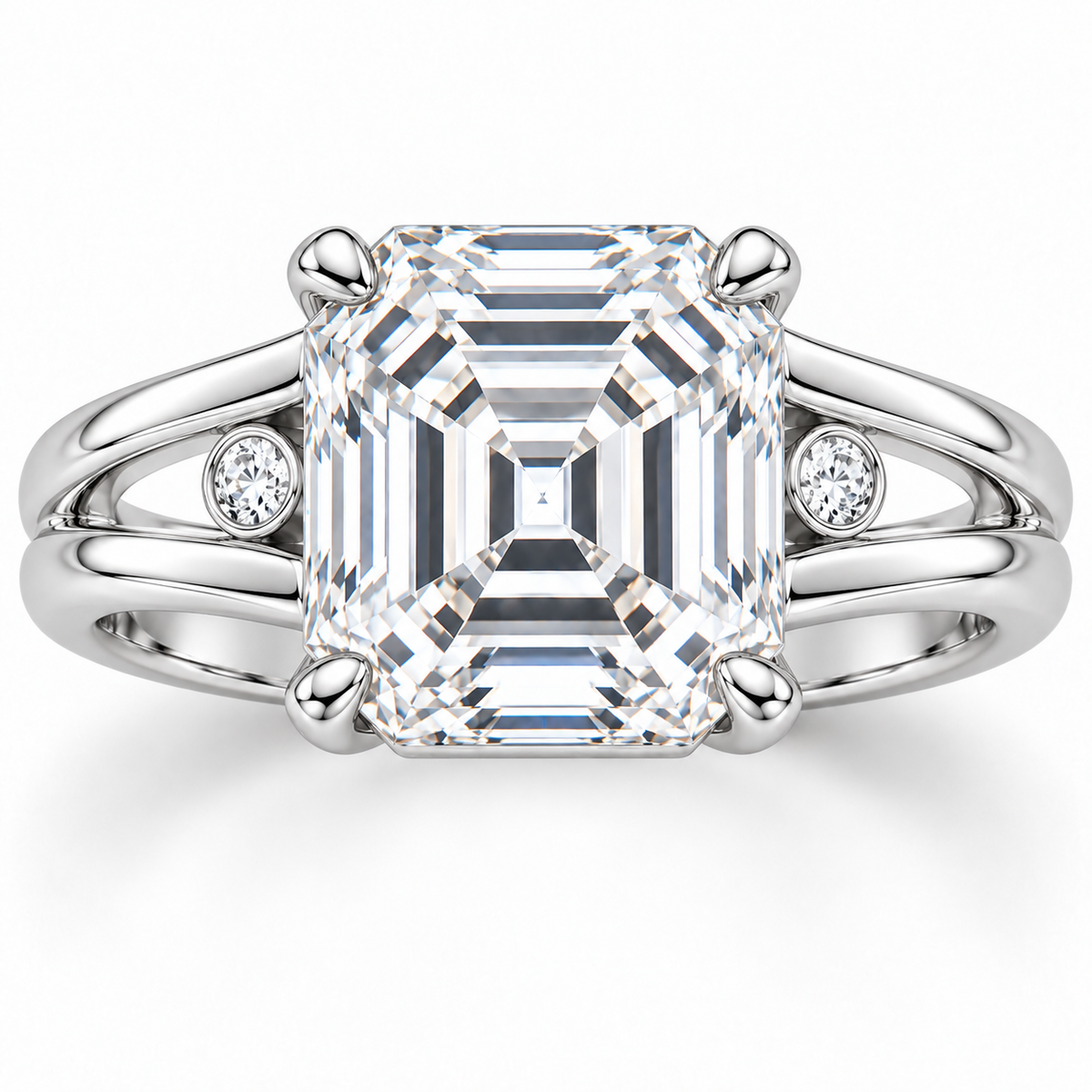 Twin Rail emerald lab-grown diamond ring, face-up detail design visualization