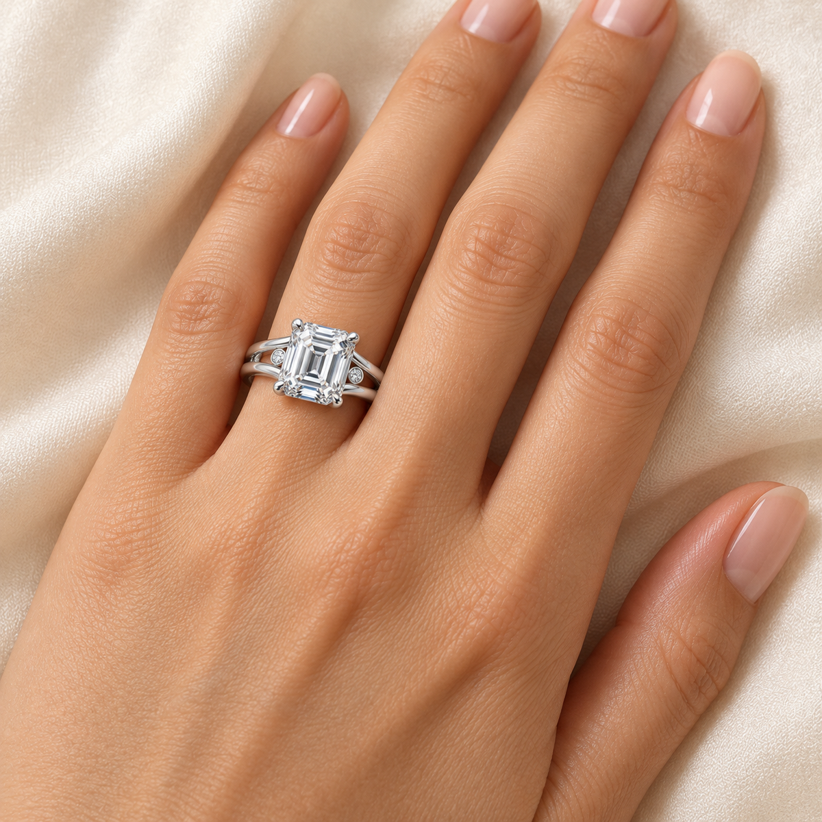 Twin Rail emerald lab-grown diamond ring, adult left-hand wearing design visualization