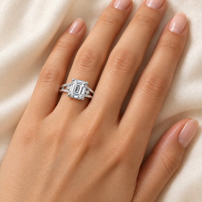 Twin Rail emerald lab-grown diamond ring, adult left-hand wearing design visualization