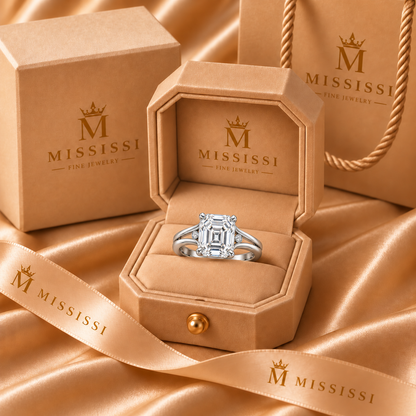 Twin Rail emerald lab-grown diamond ring, champagne MISSISSI packaging design visualization