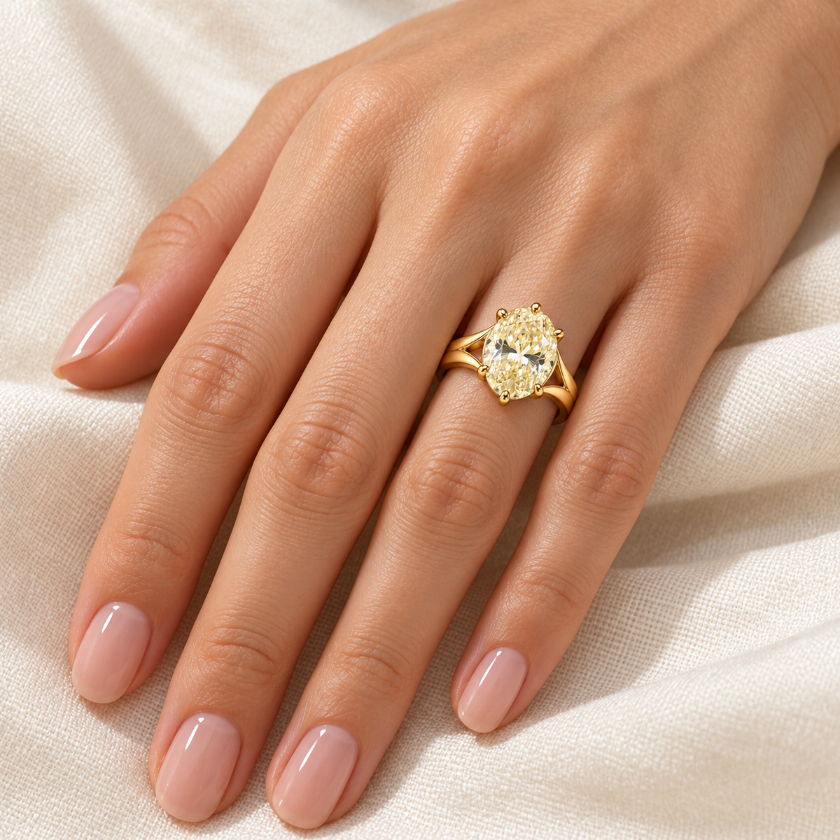 Sunlit Arch oval lab-grown diamond ring, adult left-hand wearing design visualization