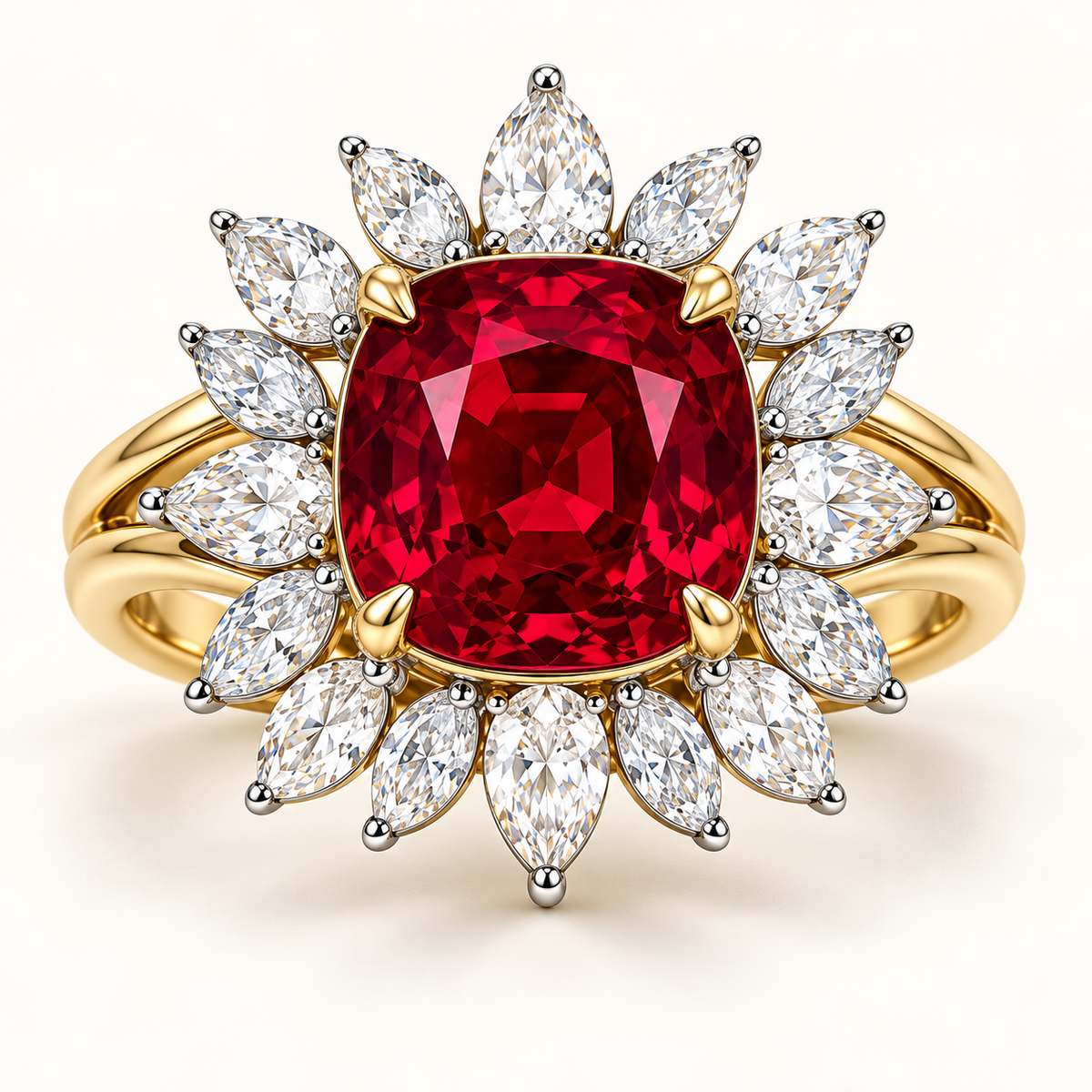 MISSISSI Ruby Coronation HR26-R08, 6 ct cushion-cut lab-grown ruby sunburst halo ring shown in yellow gold; design visualization.