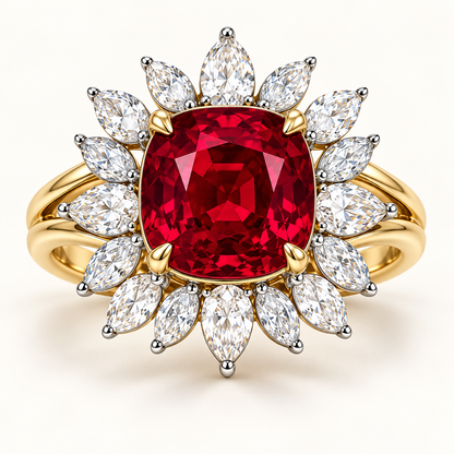 MISSISSI Ruby Coronation HR26-R08, 6 ct cushion-cut lab-grown ruby sunburst halo ring shown in yellow gold; design visualization.