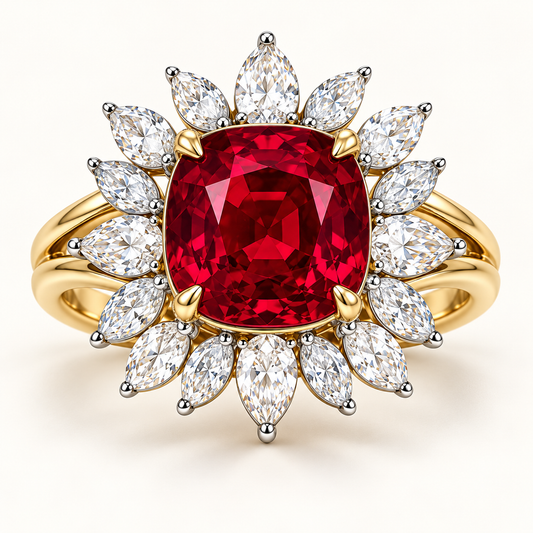 MISSISSI Ruby Coronation HR26-R08, 6 ct cushion-cut lab-grown ruby sunburst halo ring shown in yellow gold; design visualization.