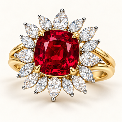 MISSISSI Ruby Coronation HR26-R08 ring, shallow-angle view of the cushion-cut ruby, sunburst diamond halo and yellow-gold split shoulders; design visualization.