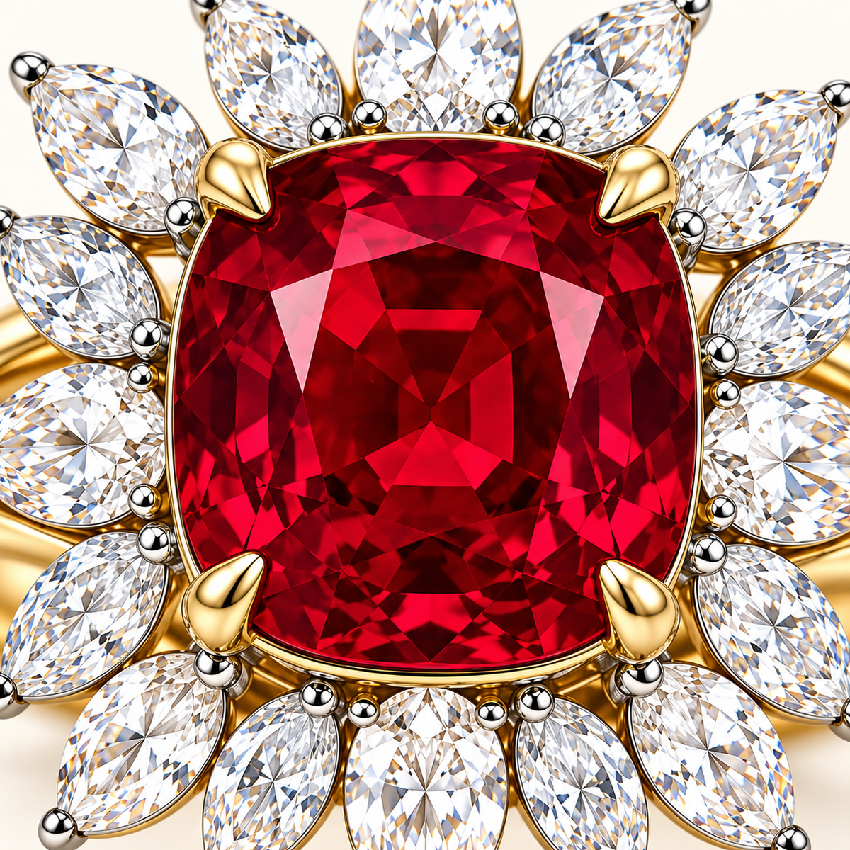 MISSISSI Ruby Coronation HR26-R08, close detail of the cushion-cut lab-grown ruby, four gold corner claws and inner diamond halo; design visualization.