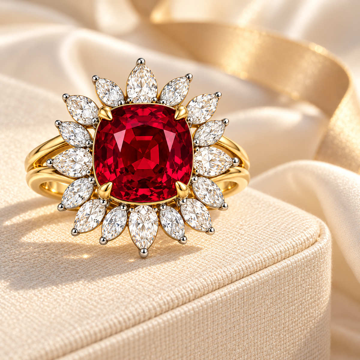 MISSISSI Ruby Coronation HR26-R08 ring styled on a cream linen presentation case with ivory silk; design visualization.