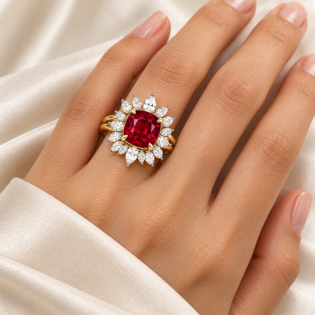 MISSISSI Ruby Coronation HR26-R08 ring shown on an adult hand for illustrative styling; AI design visualization, not an exact size reference.
