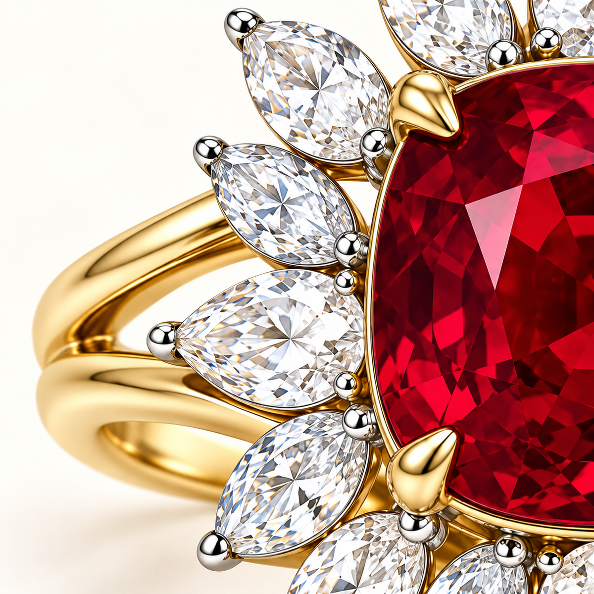 MISSISSI Ruby Coronation HR26-R08, detail of the yellow-gold split shoulder and radiating marquise- and pear-shaped diamond halo; design visualization.