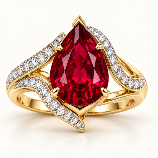 MISSISSI Scarlet Flow HR26-R09, 6 ct pear-shaped lab-grown ruby bypass ring shown in yellow gold; design visualization.