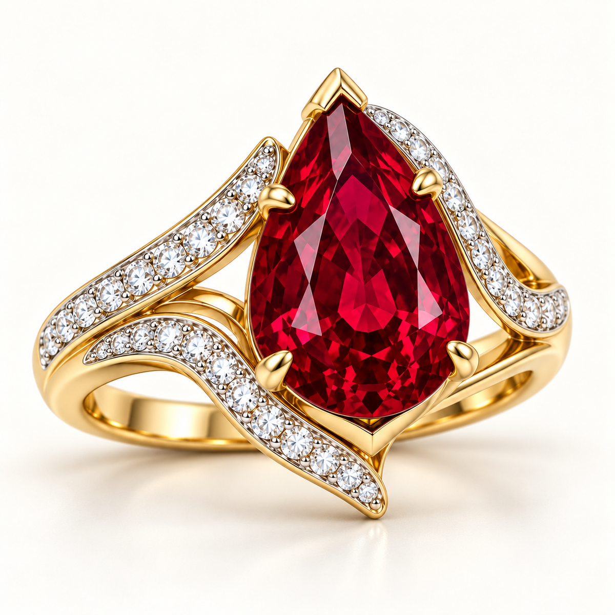 MISSISSI Scarlet Flow HR26-R09 pear ruby bypass ring, distinct shallow oblique product view. Design visualization.