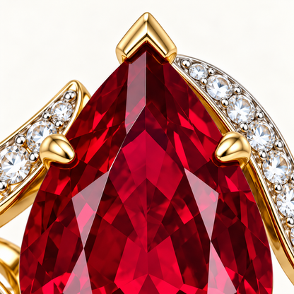 MISSISSI Scarlet Flow HR26-R09 pear ruby bypass ring, ruby facets and gold prong detail. Design visualization.