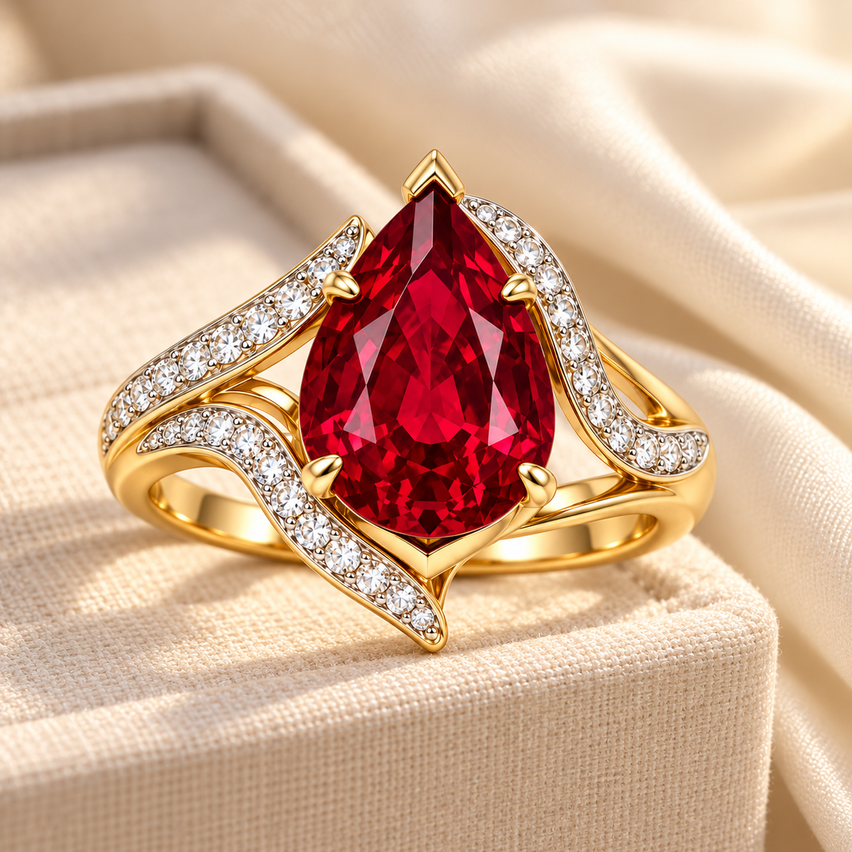 MISSISSI Scarlet Flow HR26-R09 pear ruby bypass ring, styled on a cream linen presentation case. Design visualization.