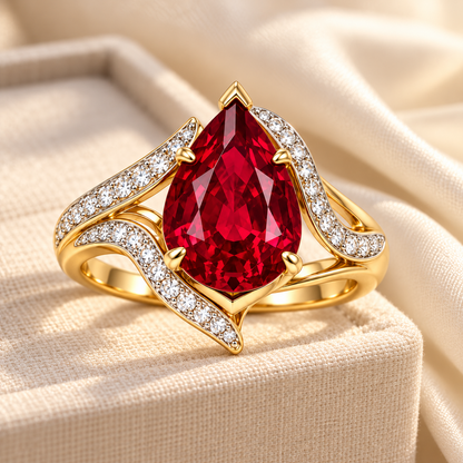 MISSISSI Scarlet Flow HR26-R09 pear ruby bypass ring, styled on a cream linen presentation case. Design visualization.