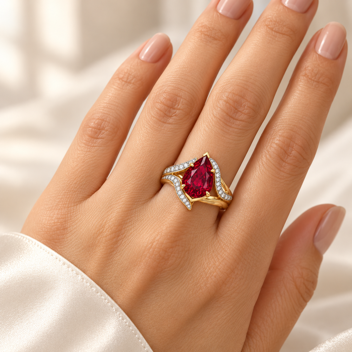 MISSISSI Scarlet Flow HR26-R09 pear ruby bypass ring, illustrative on-hand styling, not an exact size reference. Design visualization.