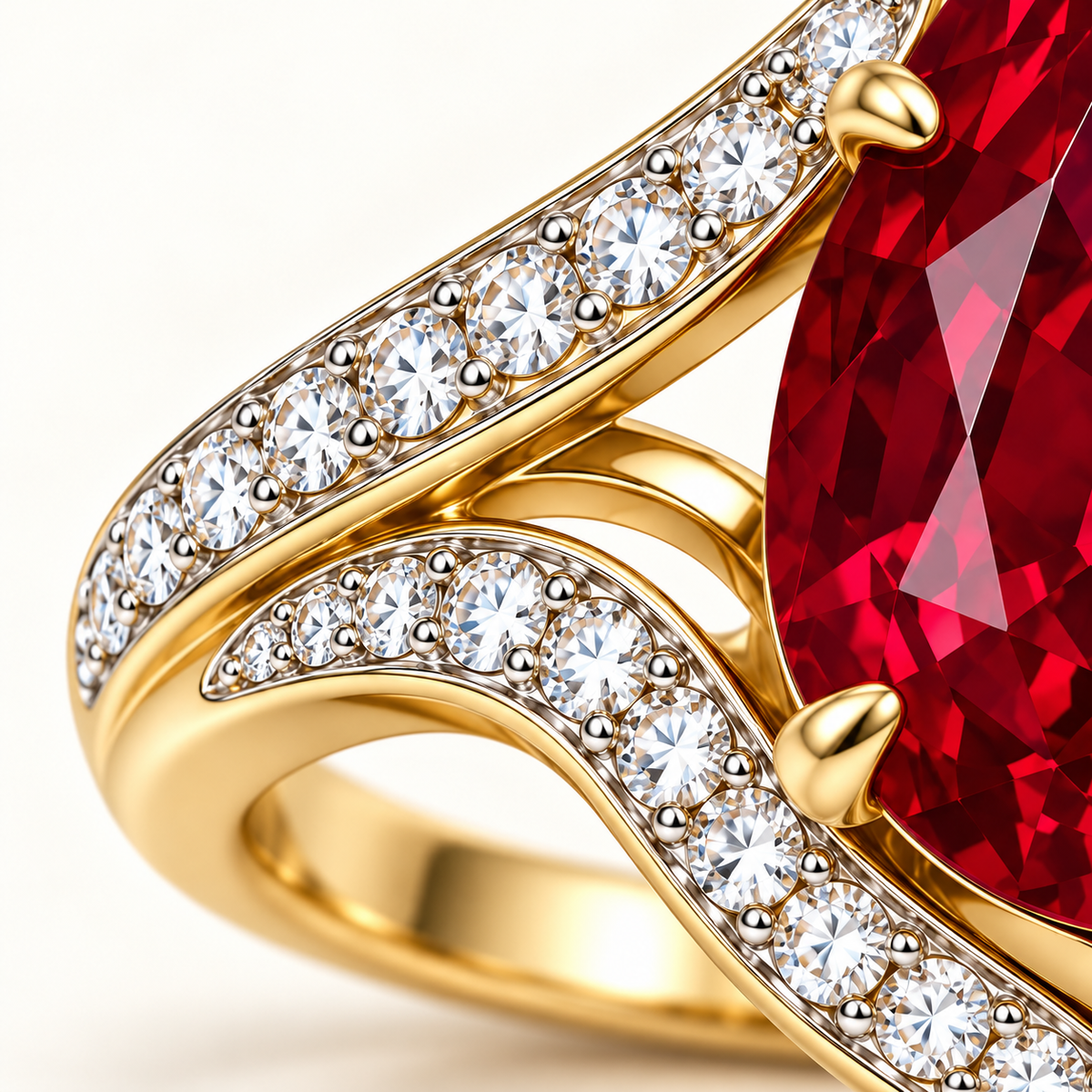 MISSISSI Scarlet Flow HR26-R09 pear ruby bypass ring, diamond-set flowing shoulder detail. Design visualization.