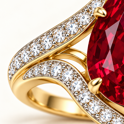 MISSISSI Scarlet Flow HR26-R09 pear ruby bypass ring, diamond-set flowing shoulder detail. Design visualization.