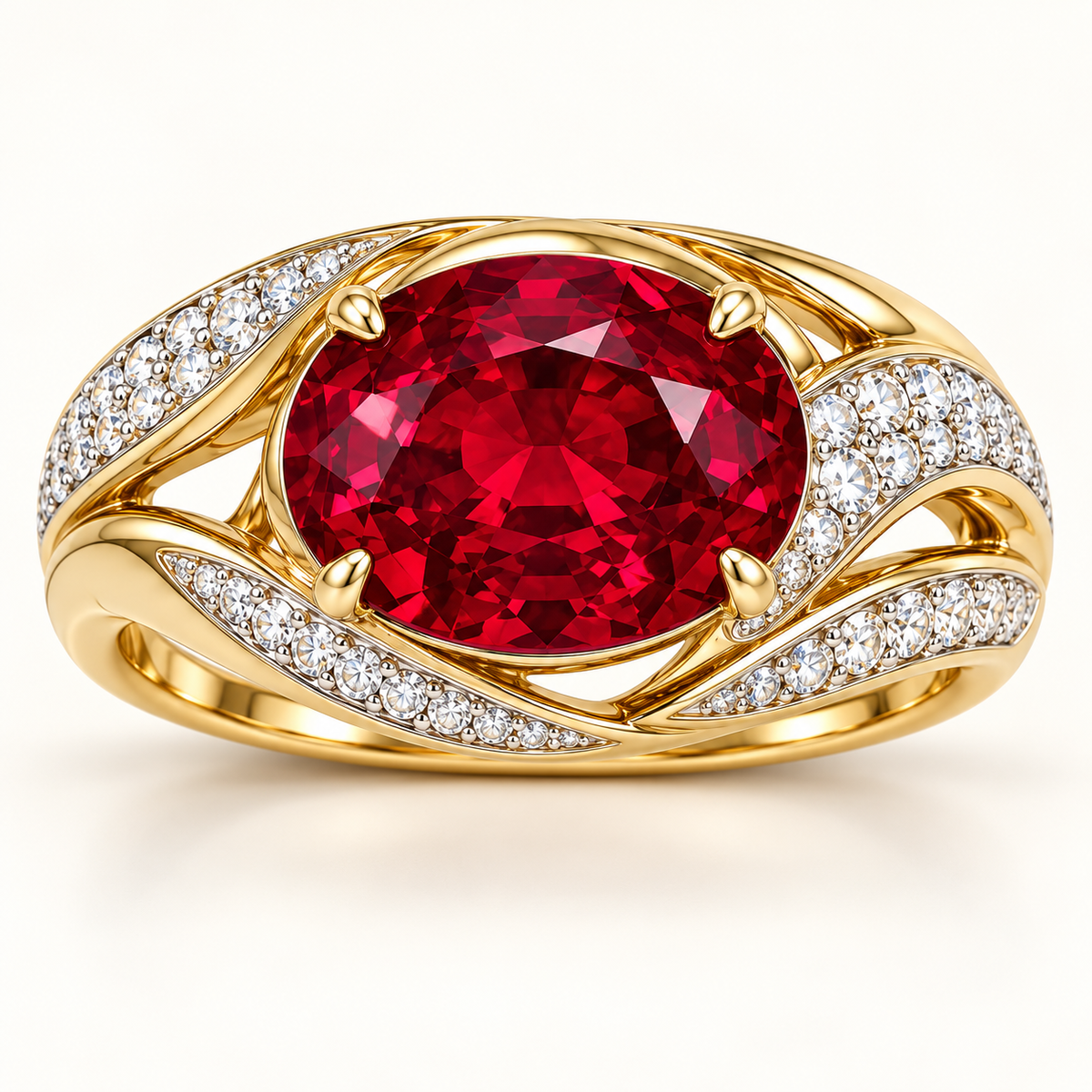 MISSISSI Golden Soirée HR26-R10, 6 ct oval lab-grown ruby east-west openwork ring shown in yellow gold; design visualization.