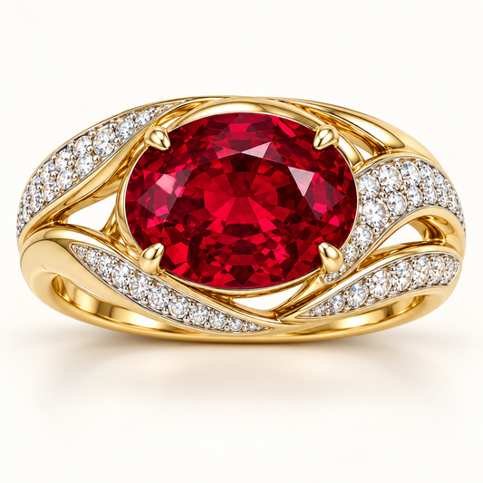 MISSISSI Golden Soirée HR26-R10, 6 ct oval lab-grown ruby east-west openwork ring shown in yellow gold; design visualization.