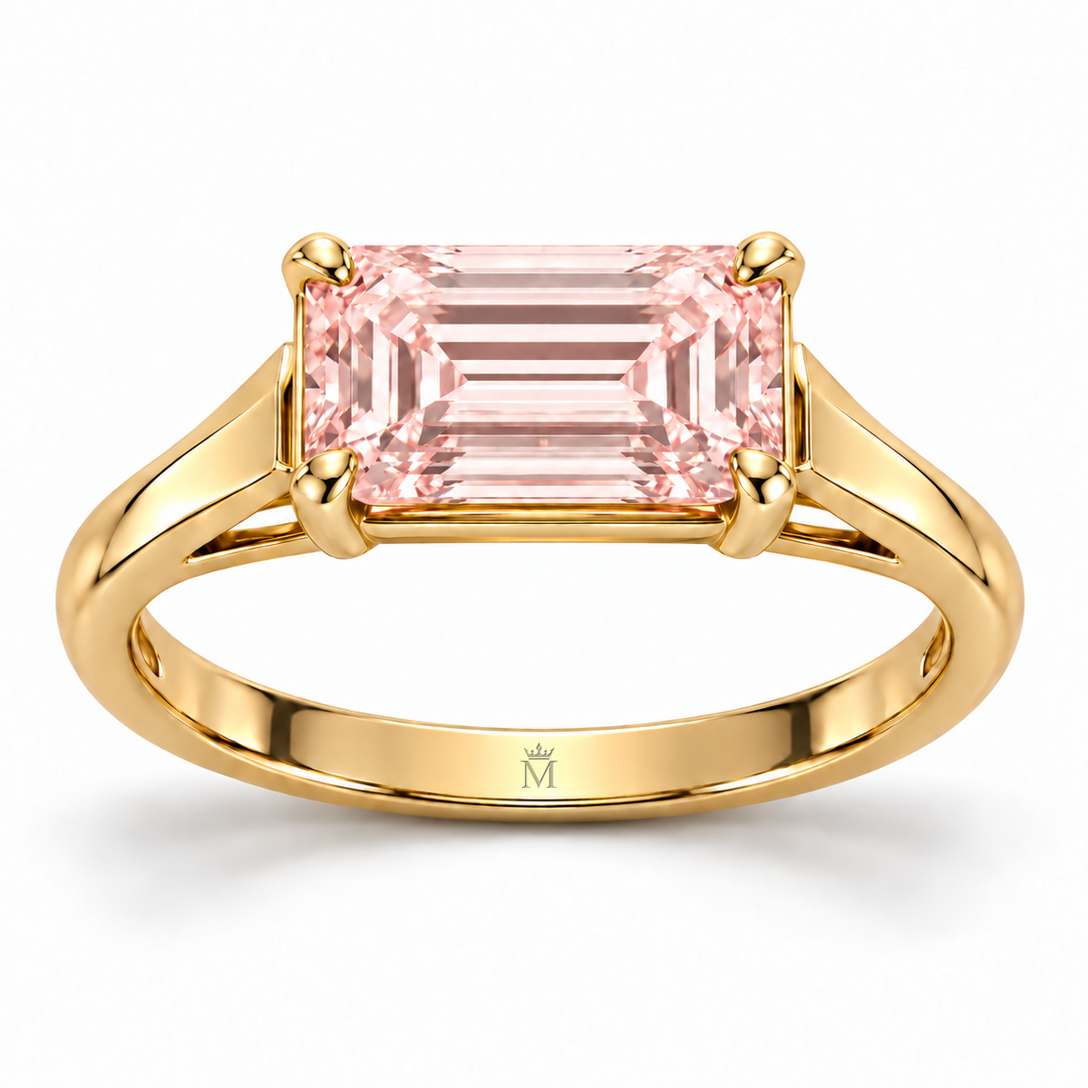MISSISSI J02 pink emerald-cut ring with four corner claws and open triangular yellow-metal shoulders, front view
