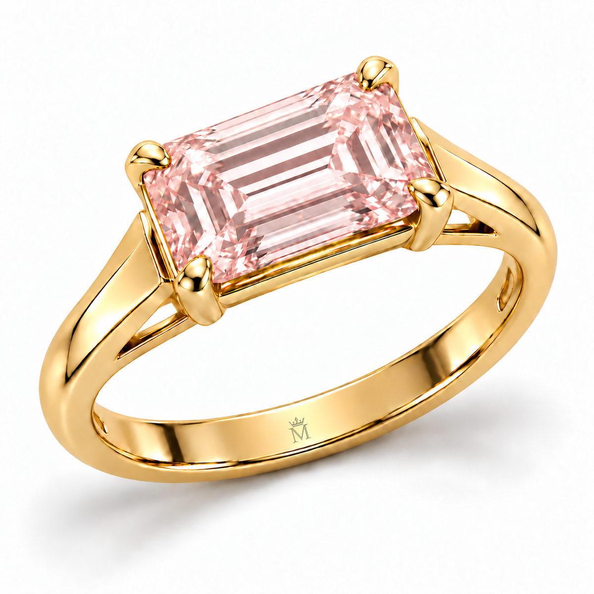 MISSISSI J02 pink emerald-cut yellow-metal ring in an elevated three-quarter view