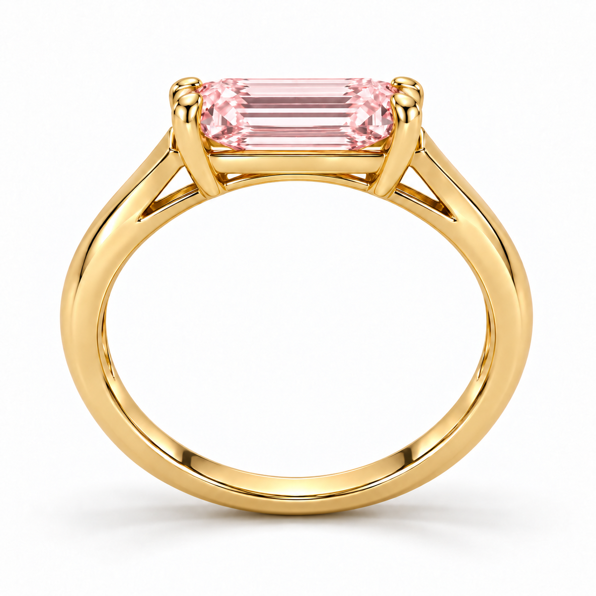 Side profile of MISSISSI J02 showing its pink step-cut center, open triangular shoulders and closed yellow-metal band