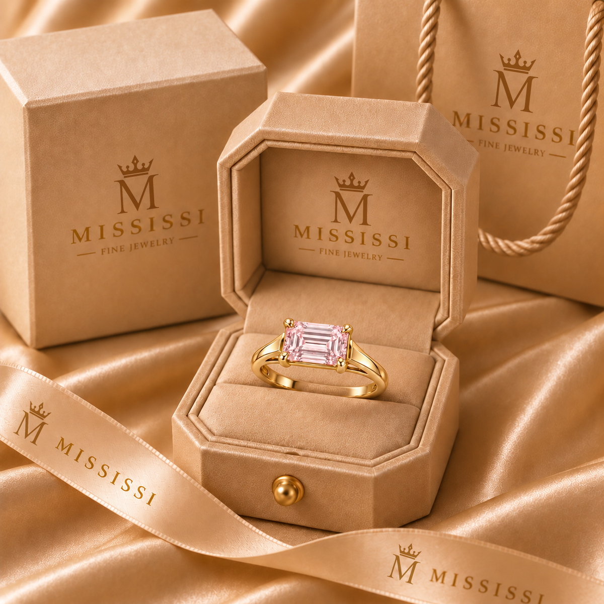 MISSISSI J02 pink emerald-cut ring in the official champagne MISSISSI Fine Jewelry presentation box