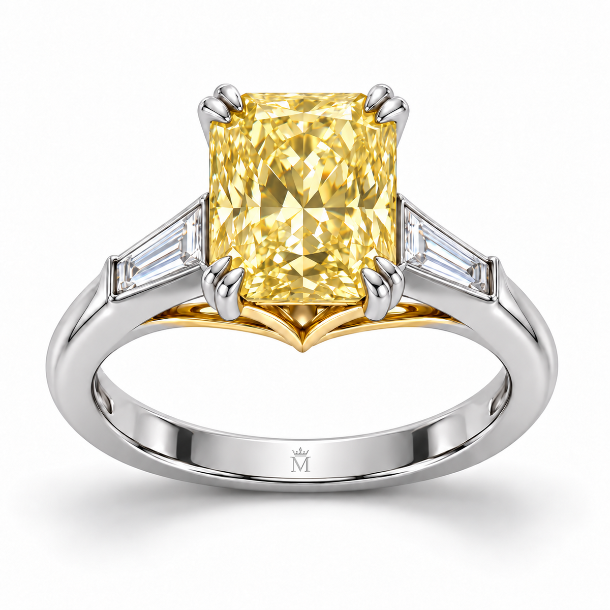 MISSISSI J03 yellow radiant-cut ring with two white tapered baguettes, white-metal band and yellow-metal gallery, front view