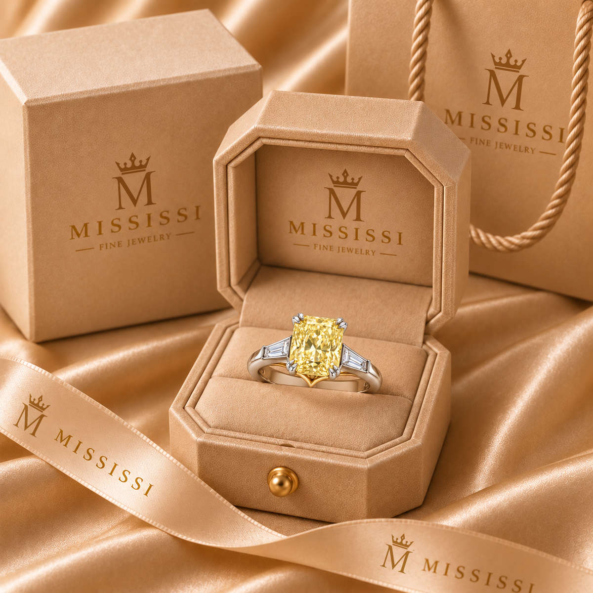 MISSISSI J03 yellow radiant three-stone ring in official champagne MISSISSI Fine Jewelry packaging