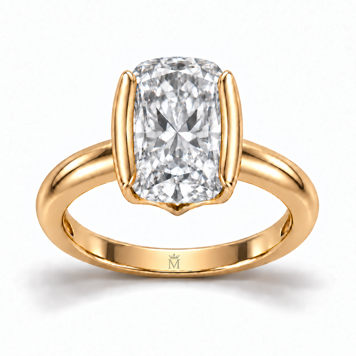 MISSISSI J04 elongated colorless cushion ring held by two yellow-metal long-side half-bezels, front view