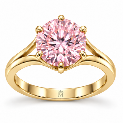 MISSISSI Blush Bloom pink round brilliant lab-grown diamond ring with six claws and open yellow-gold arch shoulders, front view
