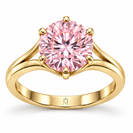 MISSISSI Blush Bloom pink round brilliant lab-grown diamond ring with six claws and open yellow-gold arch shoulders, front view
