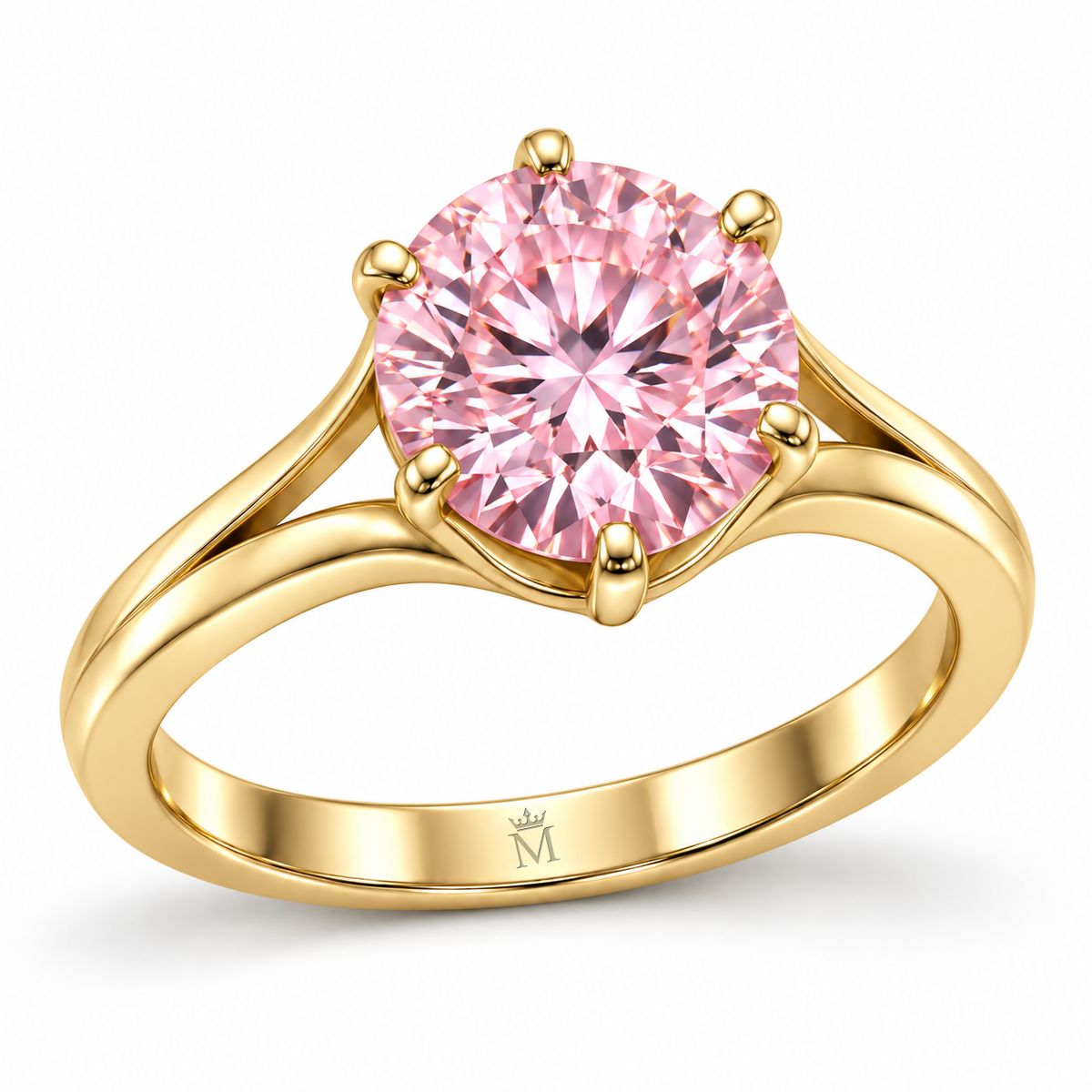 MISSISSI Blush Bloom pink round brilliant lab-grown diamond ring with six claws and open yellow-gold arch shoulders, elevated three-quarter view