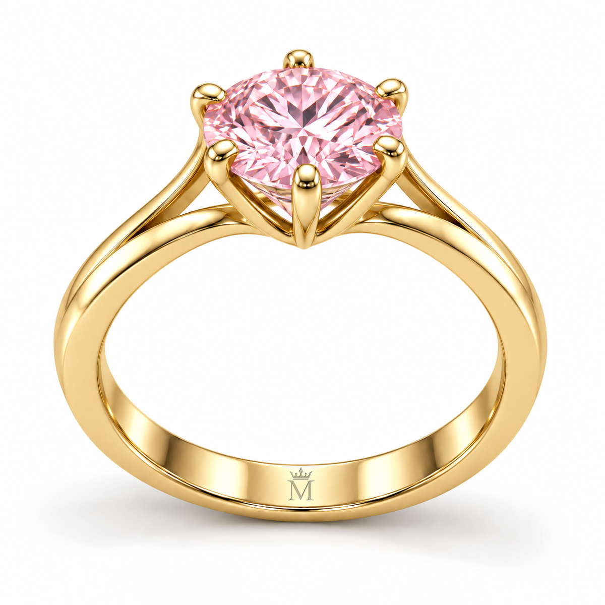 MISSISSI Blush Bloom pink round brilliant lab-grown diamond ring with six claws and open yellow-gold arch shoulders, low-angle view showing the setting and closed band