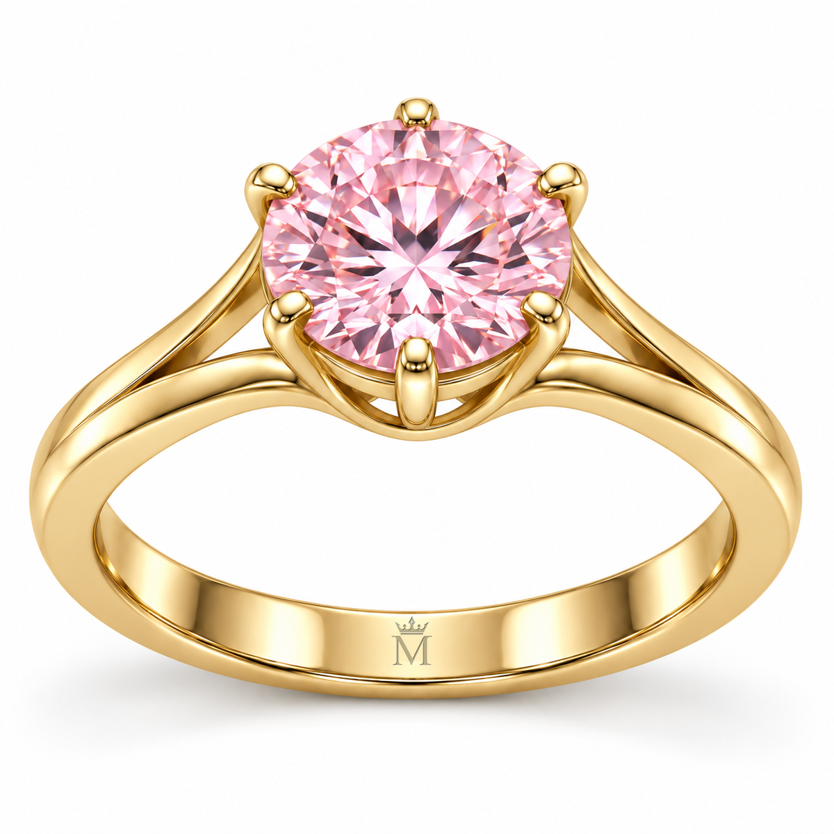 MISSISSI Blush Bloom pink round brilliant lab-grown diamond ring with six claws and open yellow-gold arch shoulders, inner-band detail with tiny crown-M engraving