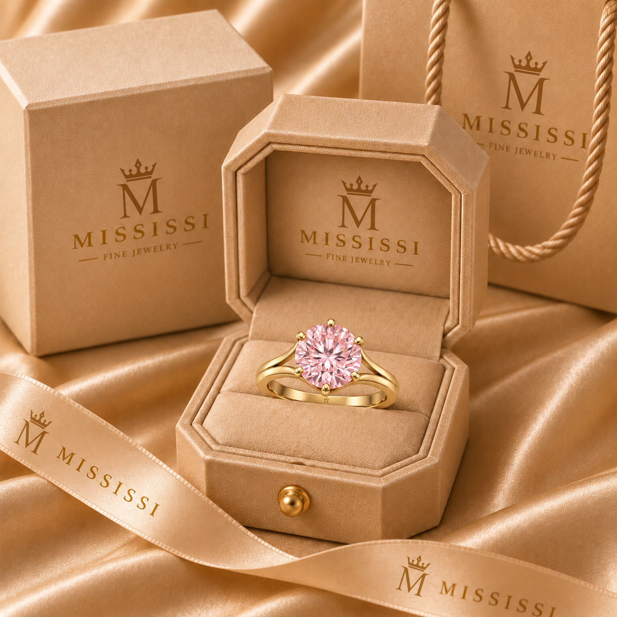 MISSISSI Blush Bloom pink round brilliant lab-grown diamond ring with six claws and open yellow-gold arch shoulders, in the official champagne MISSISSI presentation box