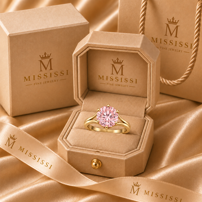 MISSISSI Blush Bloom pink round brilliant lab-grown diamond ring with six claws and open yellow-gold arch shoulders, in the official champagne MISSISSI presentation box