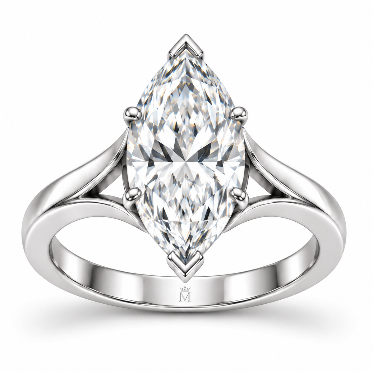 Silhouette white-metal marquise lab-grown diamond ring with V-tip ends and sculpted open shoulders, front design view