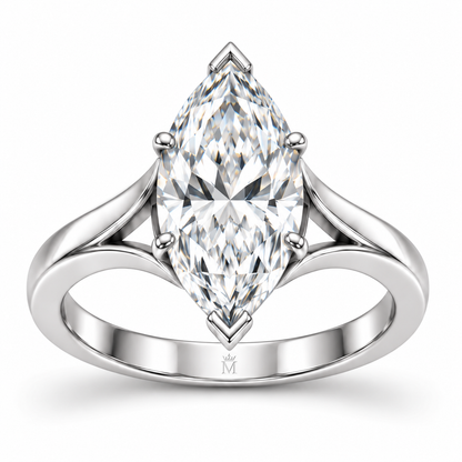 Silhouette white-metal marquise lab-grown diamond ring with V-tip ends and sculpted open shoulders, front design view