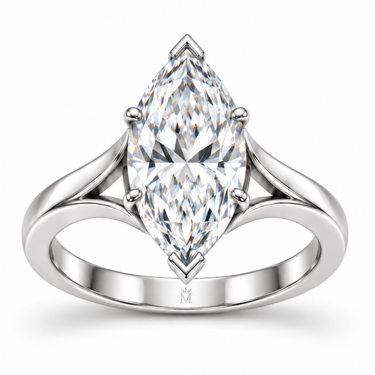 Silhouette white-metal marquise lab-grown diamond ring with V-tip ends and sculpted open shoulders, front design view