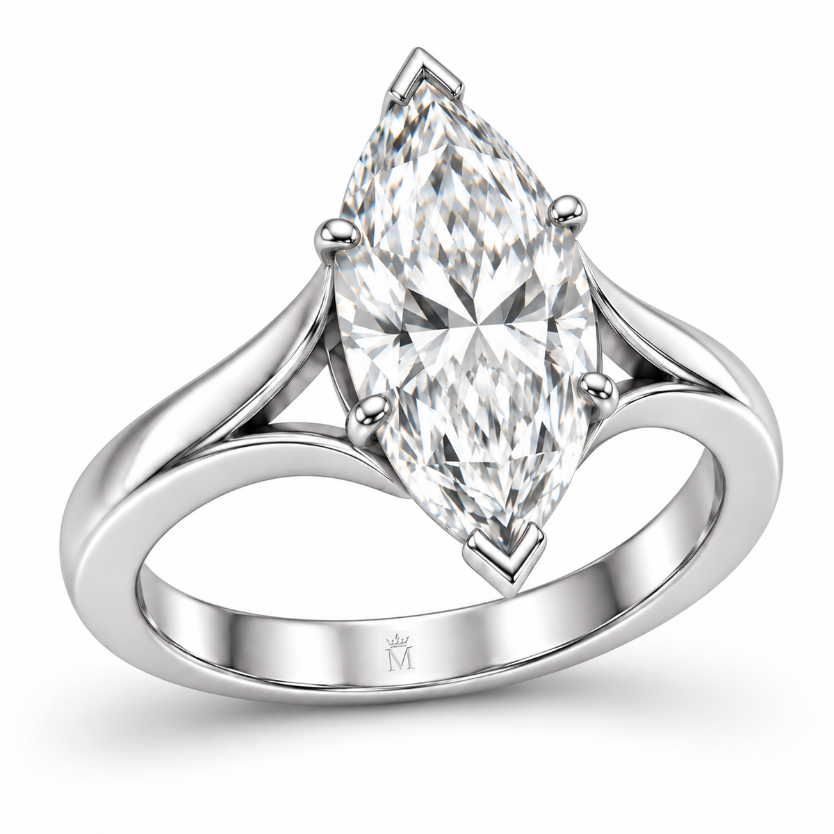 Silhouette marquise ring with four side claws and protective pointed ends, elevated three-quarter design view