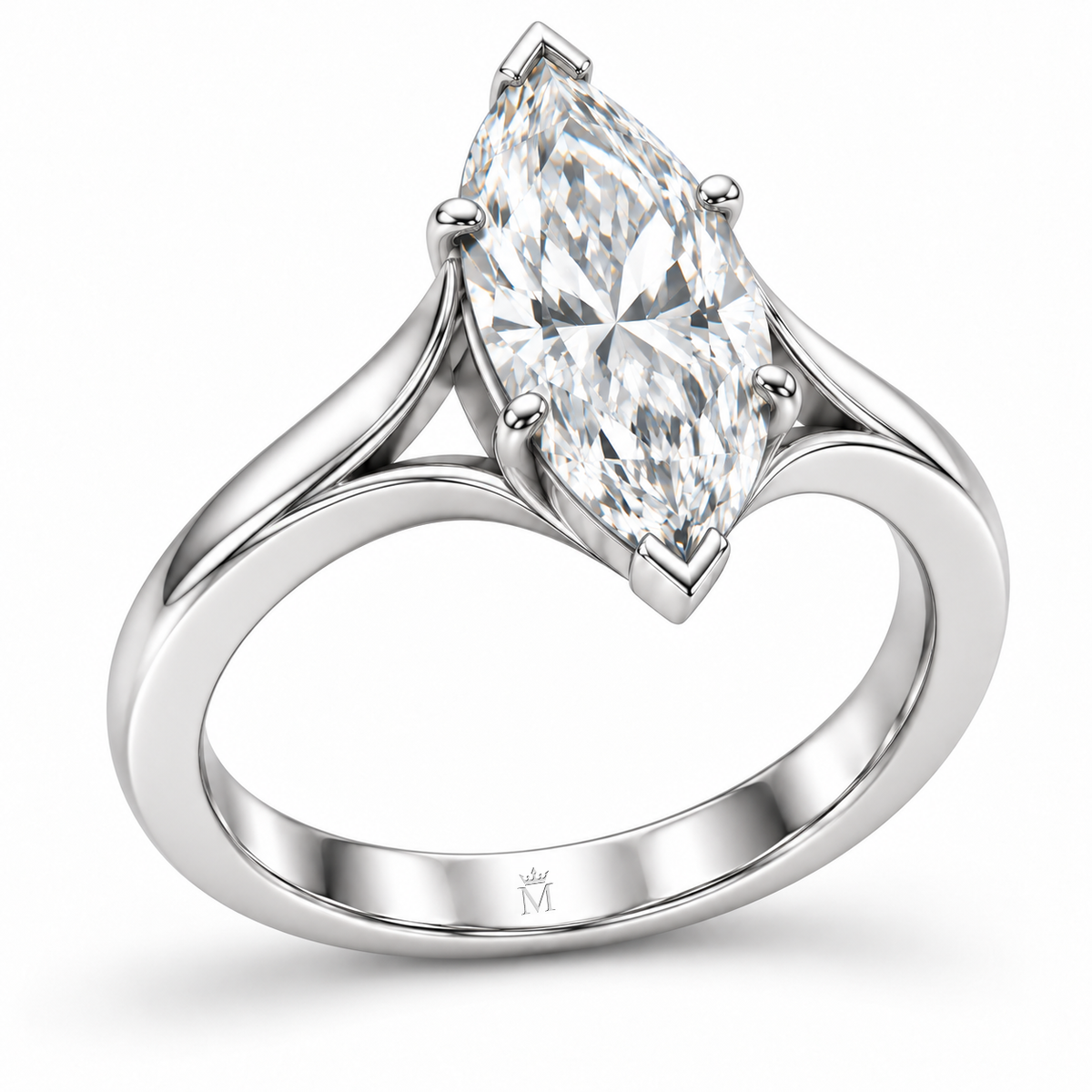 Low-angle three-quarter design view of the Silhouette marquise ring and connected sculpted band