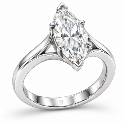 Low-angle three-quarter design view of the Silhouette marquise ring and connected sculpted band