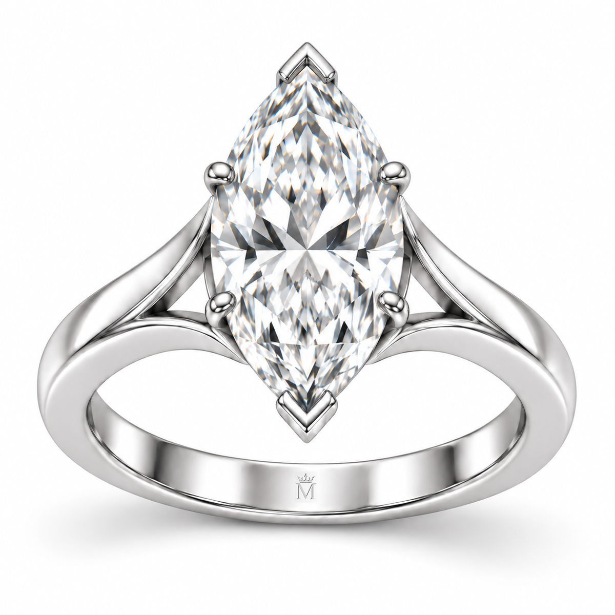 Silhouette marquise ring front detail showing the centered crown-M engraving inside the band