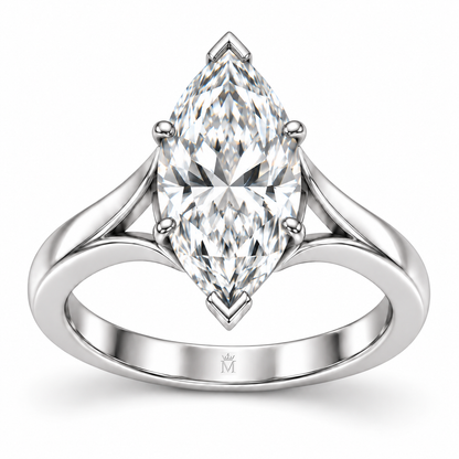 Silhouette marquise ring front detail showing the centered crown-M engraving inside the band