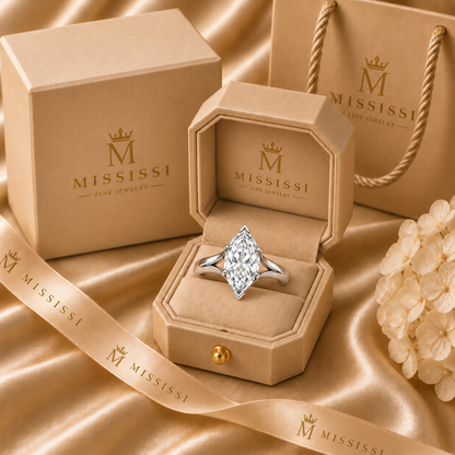 Silhouette marquise lab-grown diamond ring in champagne MISSISSI Fine Jewelry packaging; design visualization