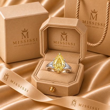 MISSISSI Auric Flow lab-grown diamond ring, in official champagne MISSISSI packaging, design visualization
